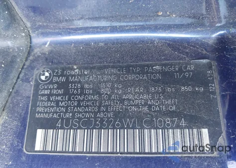 1998 BMW Z3 2.8 из США, поврежденный, VIN 4USCJ3326WLC10874